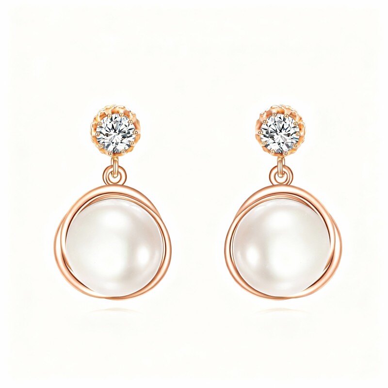 10K Rose Gold Round Cut Pearl Stud Earrings-1