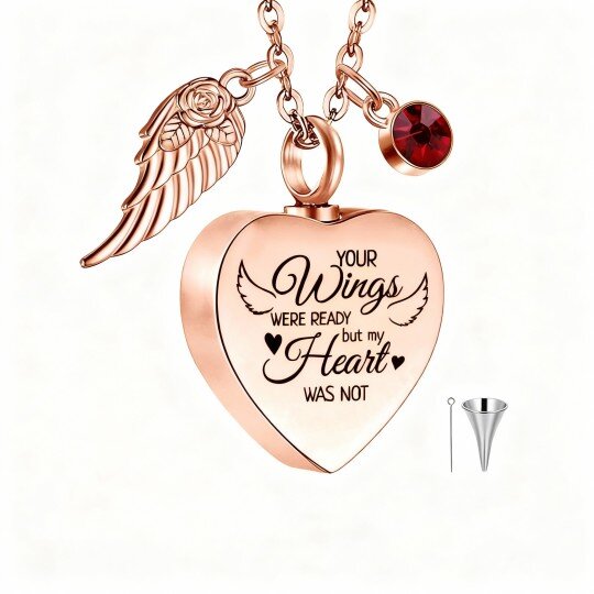 10K Rose Gold Round Cut Cubic Zirconia Personalized Birthstone & Angel Wing & Heart Urn Necklace for Ashes with Engraved Word