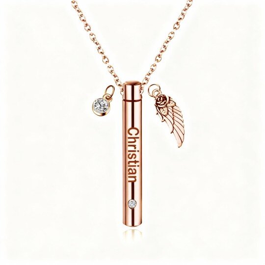 Collar con urna para cenizas en oro rosa de 10 quilates, con circonita cúbica de talla redonda, piedra natal personalizada, nombre clásico personalizado y ala de ángel.