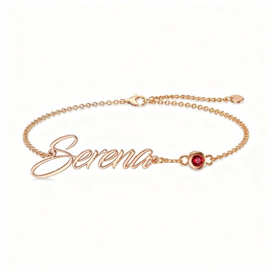 10K Rose Gold Round Cut Cubic Zirconia Personalized Birthstone & Personalized Classic Name Charm Bracelet