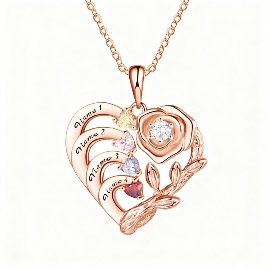 Collar con colgante de corazón y nombre clásico personalizado en oro rosa de 10 quilates con circonita cúbica de talla redonda y piedra natal.