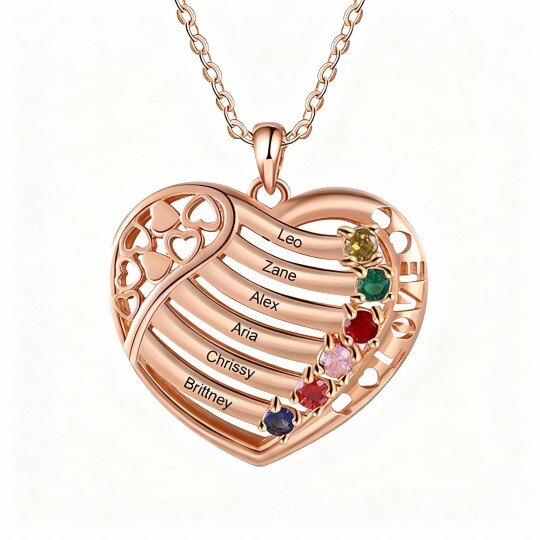 Collar con colgante de corazón y nombre clásico personalizado en oro rosa de 10 quilates con circonita cúbica de talla redonda y piedra natal.