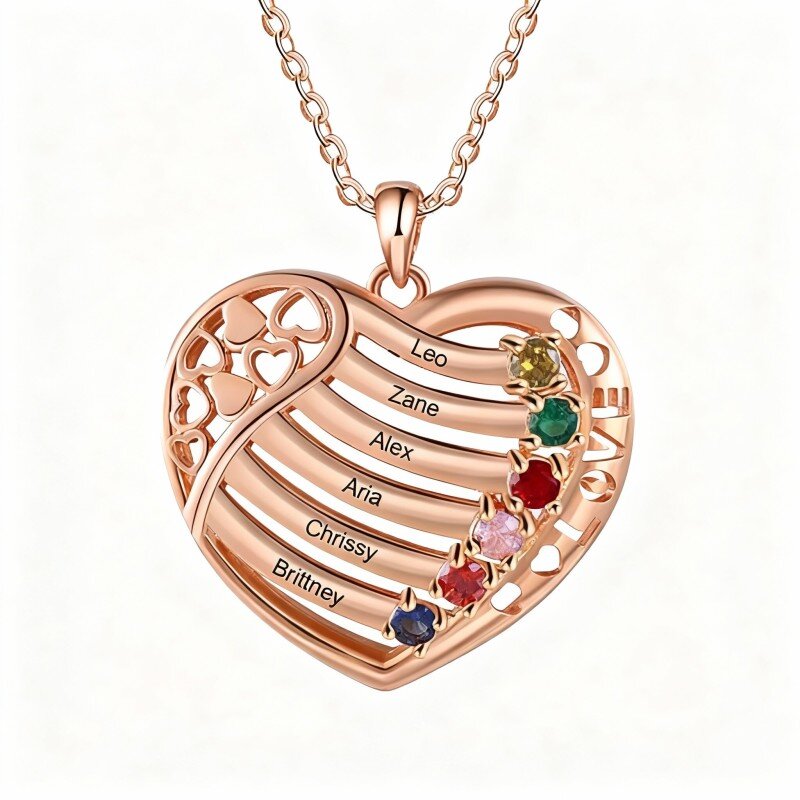 10K Rose Gold Round Cut Cubic Zirconia Personalized Birthstone & Personalized Classic Name & Heart Pendant Necklace-1