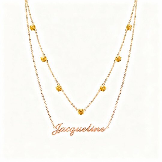 10K Rose Gold Round Cut Cubic Zirconia Personalized Birthstone & Personalized Classic Name Layered Necklace