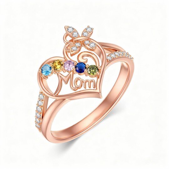 Anillo de oro rosa de 10 quilates con circonita cúbica de talla redonda, piedra natal personalizada y grabado personalizado. Diseño de mariposa y corazón con palabra grabada.