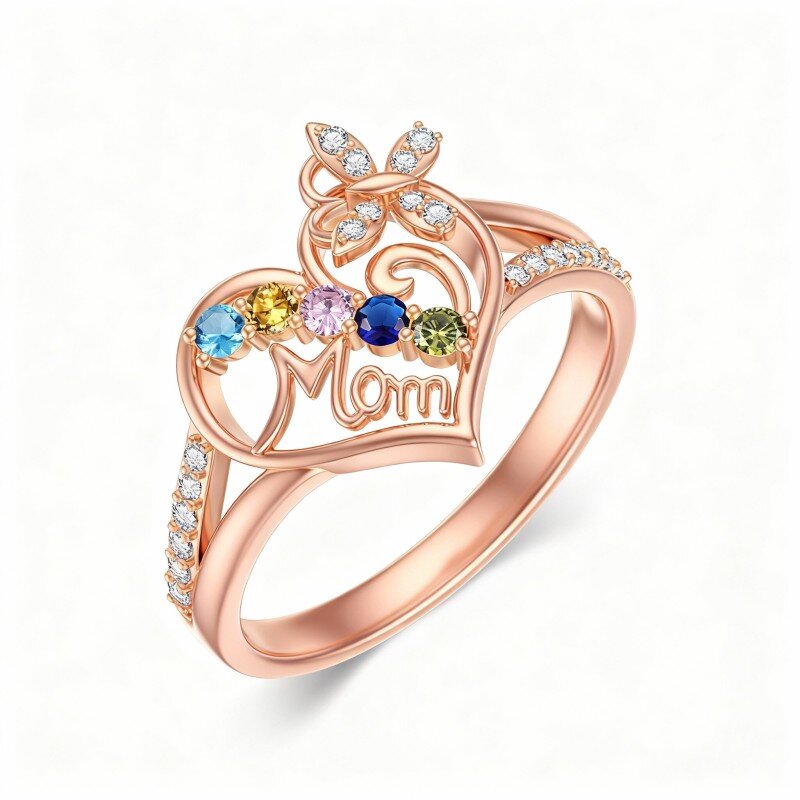 18K Rose Gold Round Cut Cubic Zirconia & Personalized Birthstone & Personalized Engraving Butterfly & Heart Birthstone Ring with Engraved Word-1