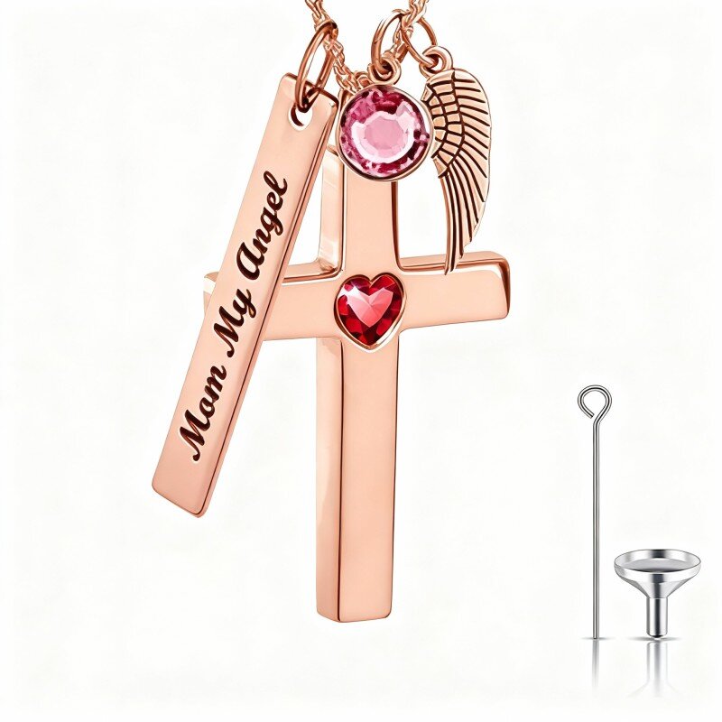 Colar com pendente em forma de cruz, cravejado com zircónias cúbicas de corte redondo em ouro rosa 10K, com pedra de nascimento personalizada, gravação personalizada e design exclusivo.-1