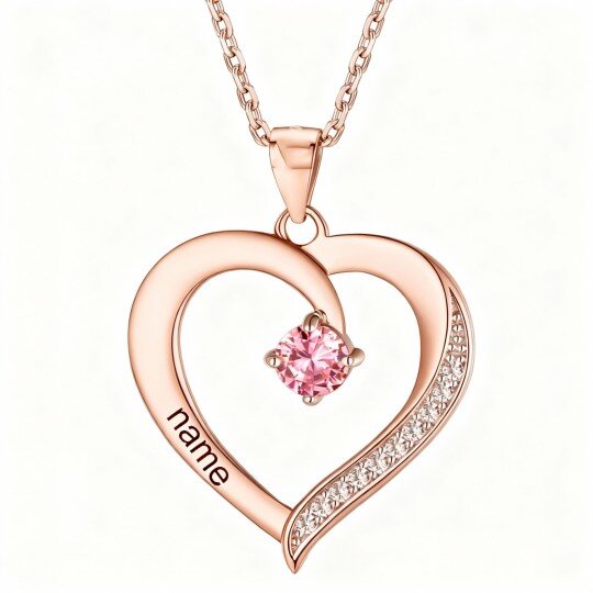 Collier pendentif cœur en or rose 10 carats avec zircon cubique taille ronde, pierre de naissance personnalisée et gravure personnalisée.