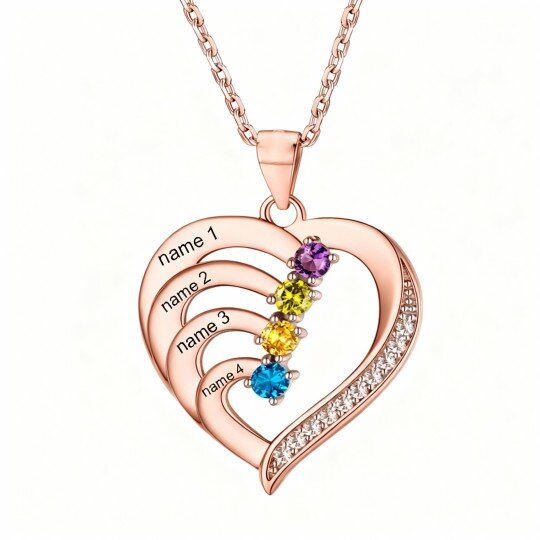 Colar com pendente de coração em ouro rosa 10K com zircónia cúbica de corte redondo, pedra de nascimento personalizada, gravação personalizada e detalhe de pedra de nascimento.
