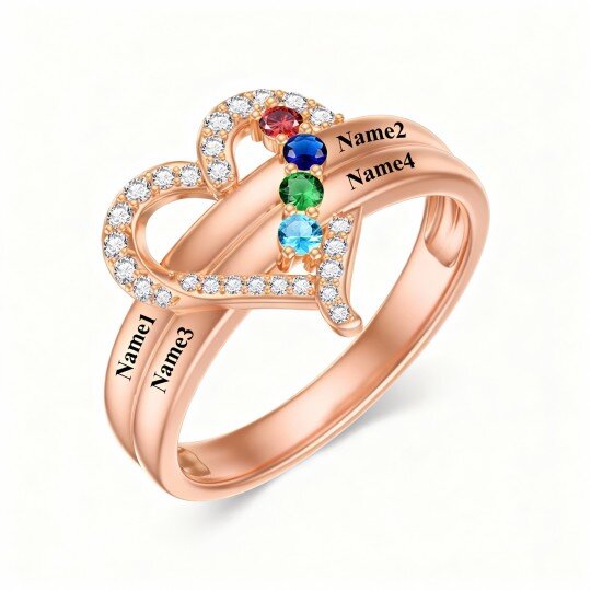 Anillo de oro rosa de 10 quilates con circonita cúbica de talla redonda, piedra natal personalizada, grabado personalizado y corazón.