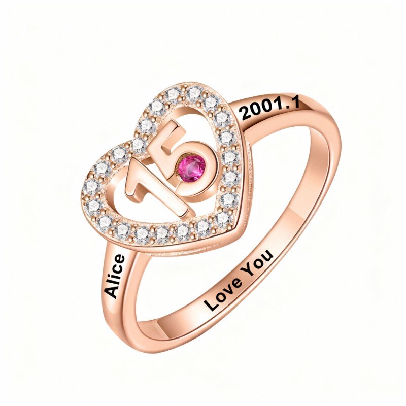14Kローズゴールドラウンドカットキュービックジルコニアパーソナライズ誕生石＆パーソナライズ彫刻＆ハート結婚指輪-1