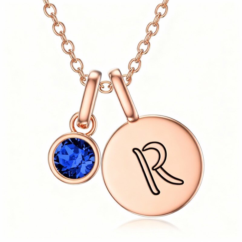 14K Rose Gold Round Cut Cubic Zirconia Personalized Birthstone Pendant Necklace-1