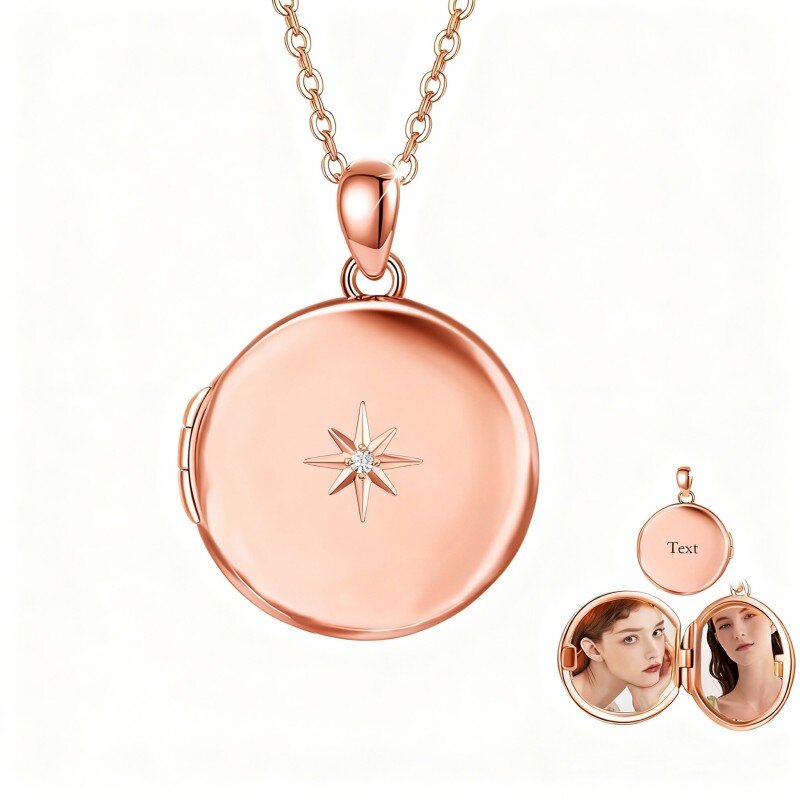 Collier médaillon photo personnalisé en or rose 18 carats avec zircon cubique taille ronde et gravure personnalisée.-1