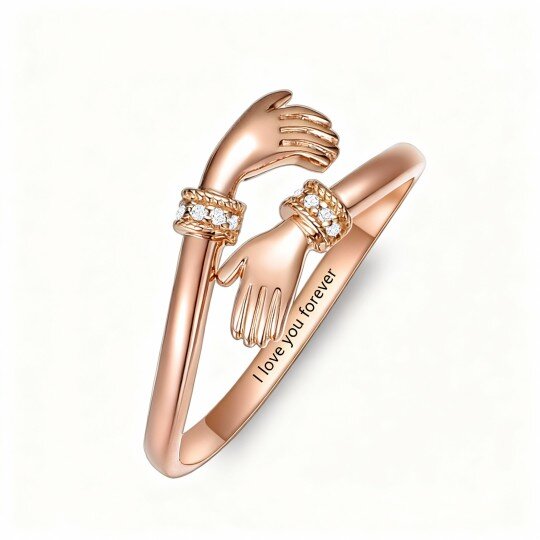 Anillo personalizado con grabado de palabra en oro rosa de 9 quilates con circonita cúbica de talla redonda