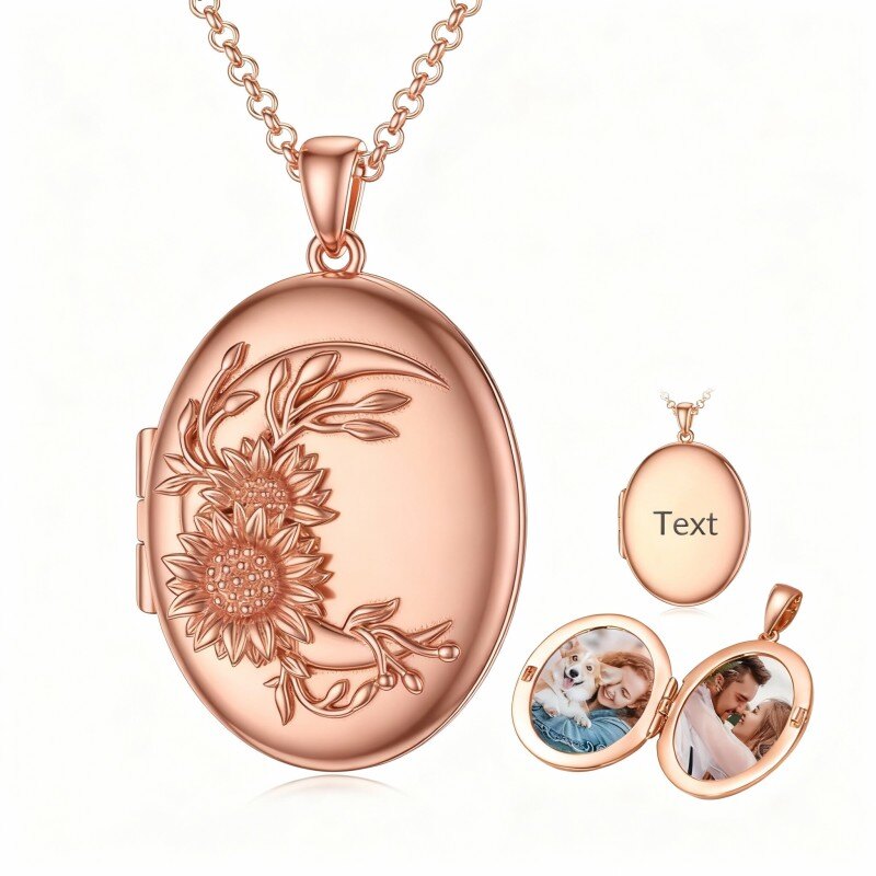 Colar com pendente personalizado em ouro rosa 18K com girassol de corte redondo e gravação personalizada, além de foto personalizada.-1