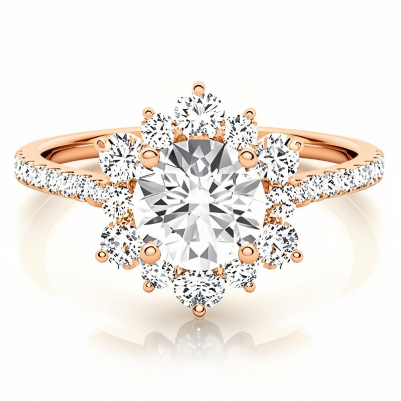 Anillo de compromiso de moissanita con corte redondo en forma de copo de nieve en oro rosa de 10 quilates-1