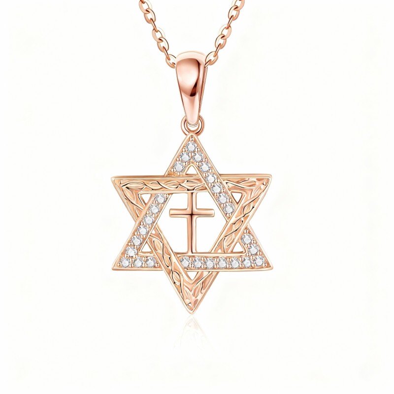 Collier pendentif étoile de David en or rose 18 carats et zircon cubique taille ronde-1