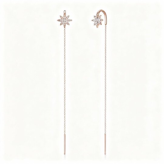 9K Rose Gold Round Cut Cubic Zirconia Star Drop Earrings