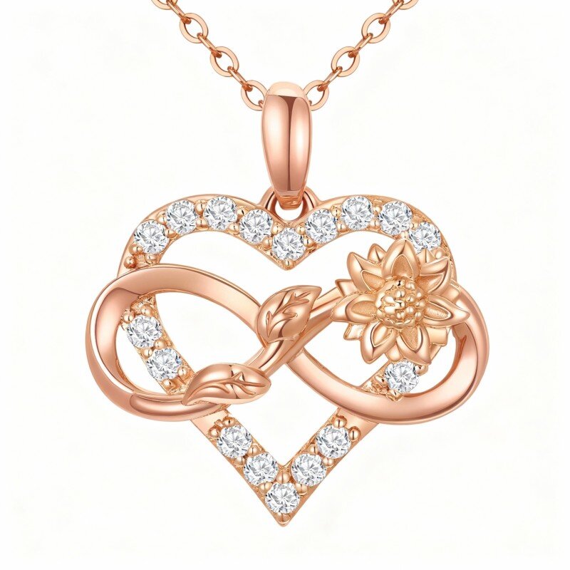 14K Rose Gold Round Cut Cubic Zirconia Sunflower & Heart & Infinity Symbol Pendant Necklace-1