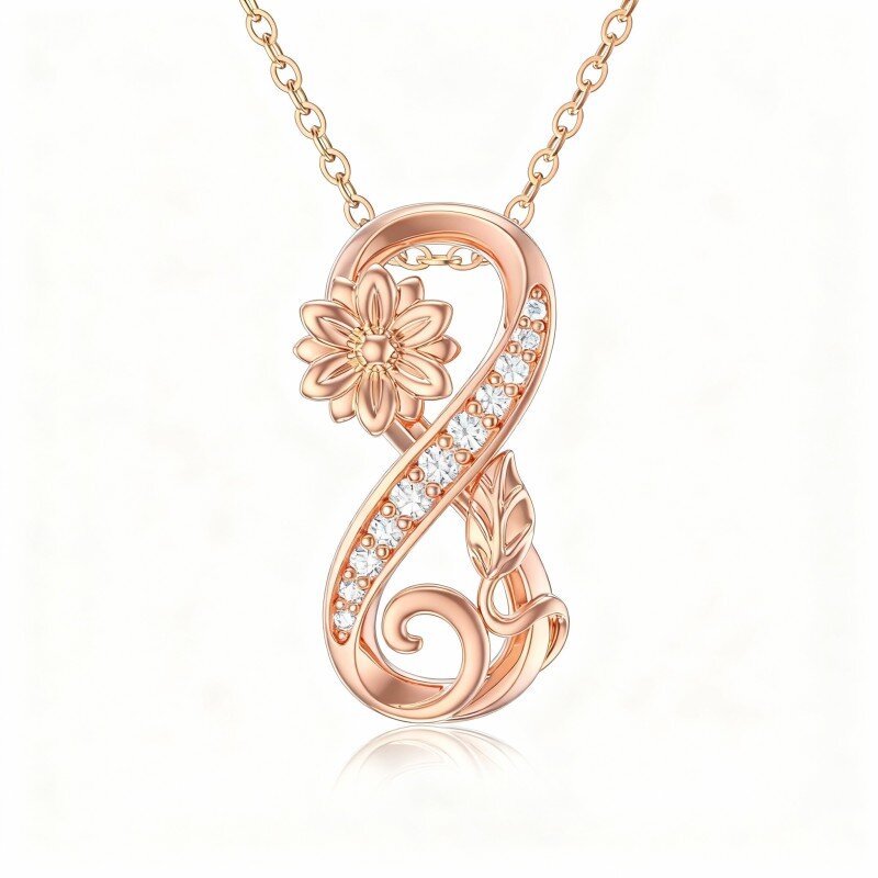 Naszyjnik z wisiorkiem w kształcie słonecznika i symbolu nieskończoności wykonany z 18-karatowego różowego złota z okrągłą cyrkonią sześcienną-1