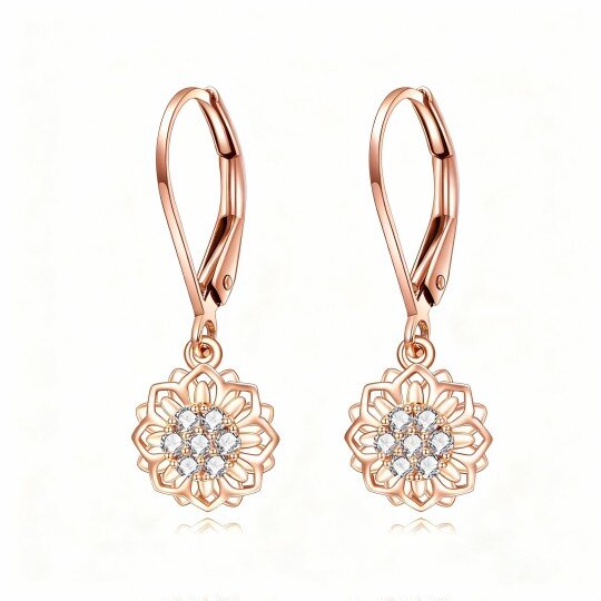 10K Rose Gold Round Cut Cubic Zirconia Sunflower Lever-back Earrings