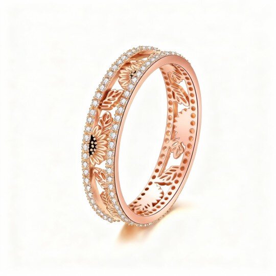 10K Rose Gold Round Cut Cubic Zirconia Sunflower Ring