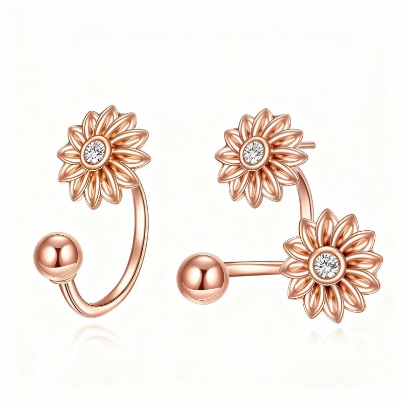 10K Rose Gold Round Cut Cubic Zirconia Sunflower Stud Earrings-1