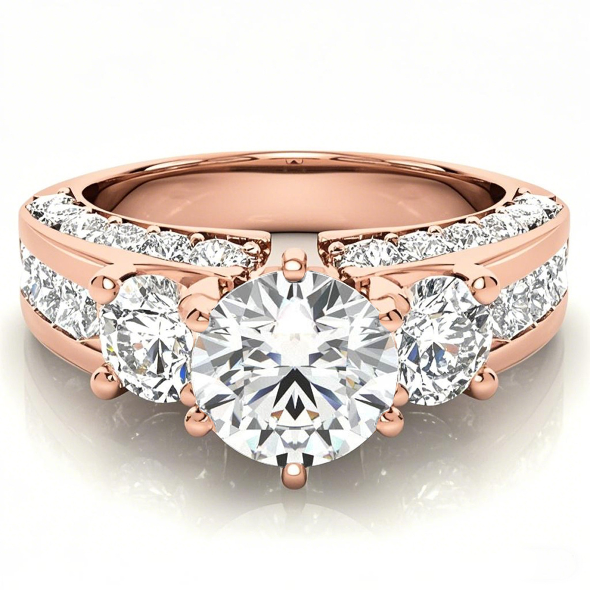 Anillo de compromiso de moissanita de tres piedras de corte redondo en oro rosa de 14 quilates-1