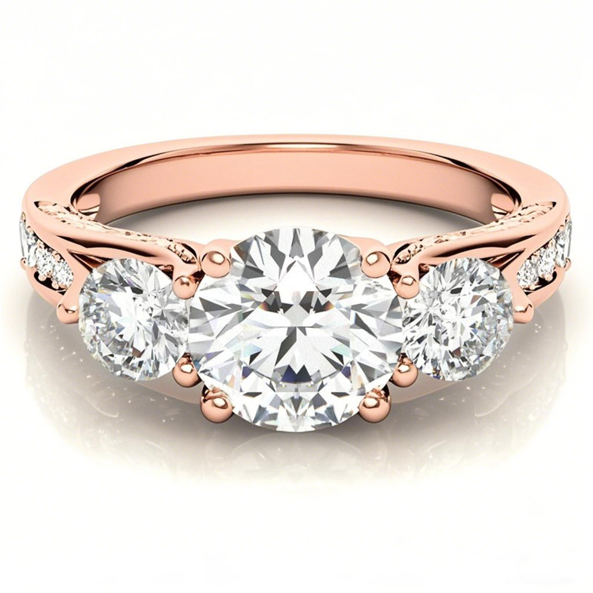 10K Rose Gold Round Cut Three-Stone Moissanite Engagement Ring-1