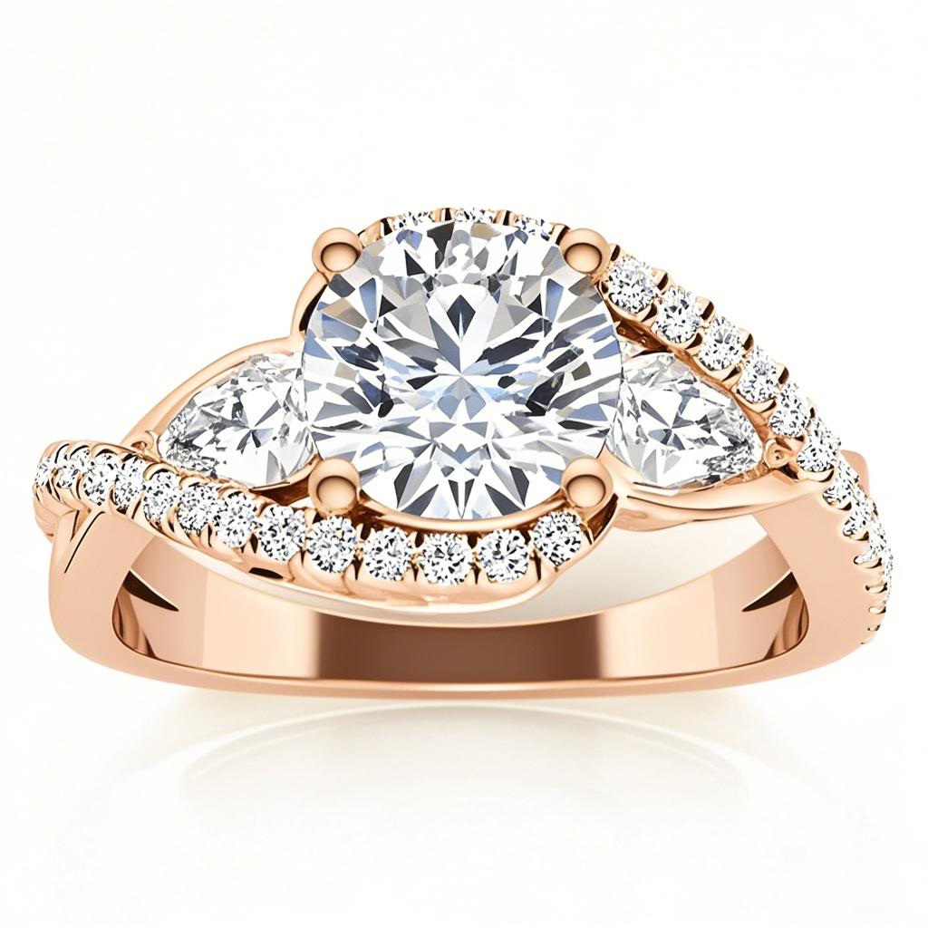 Anillo de compromiso de moissanita de tres piedras de corte redondo en oro rosa de 14 quilates-1