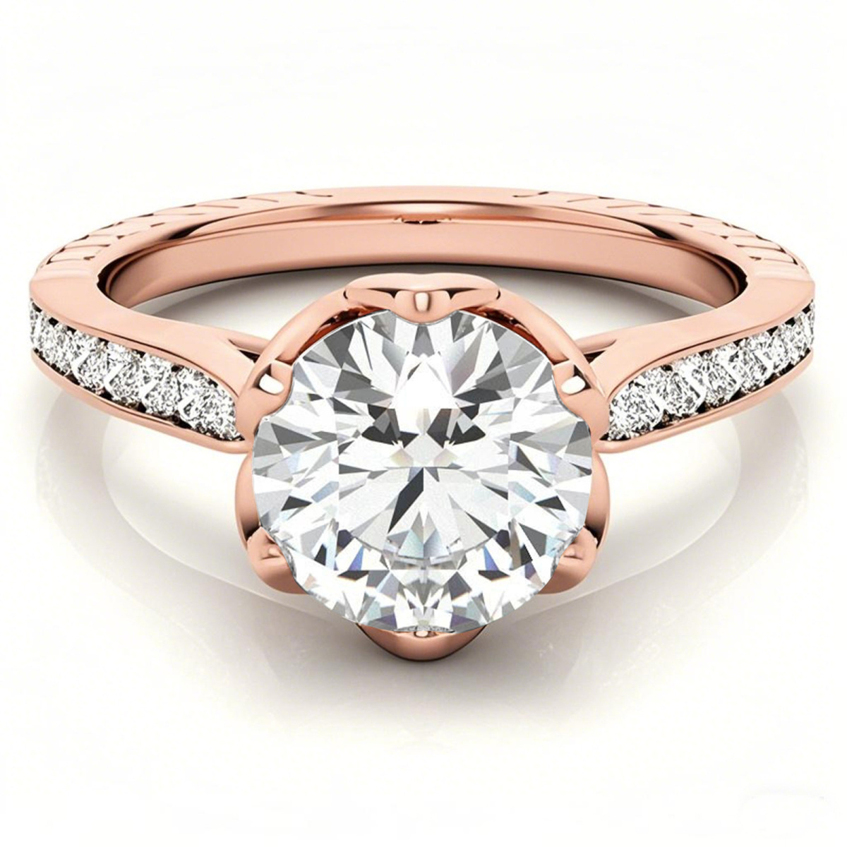 Anillo de compromiso de oro rosa de 18 quilates con halo de tulipán y moissanita de corte redondo-1