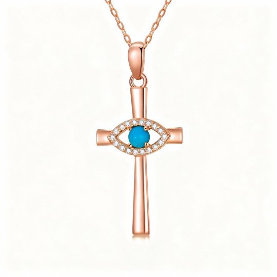 Halskette aus 10-karätigem Roségold mit rundem Türkis-Kreuz- und Nazar-Auge-Anhänger