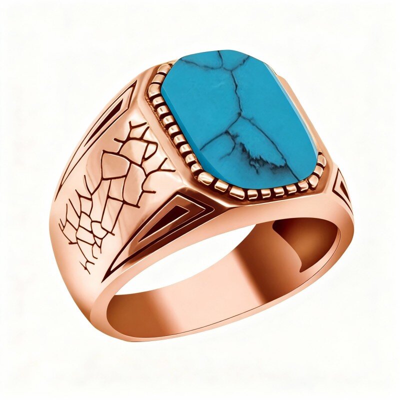 14K Rose Gold Round Cut Turquoise Personalized Engraving Ring for Men-1