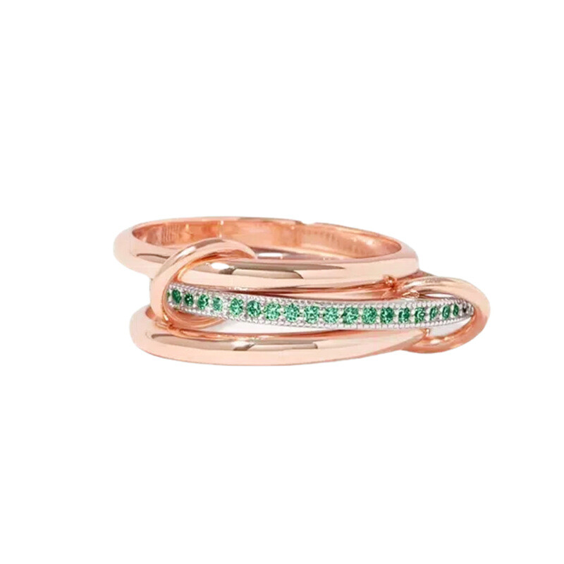 10K Rose Gold Round Lab Created Emerald Chunky Gold Connector Custom Stackable Ring Set-1