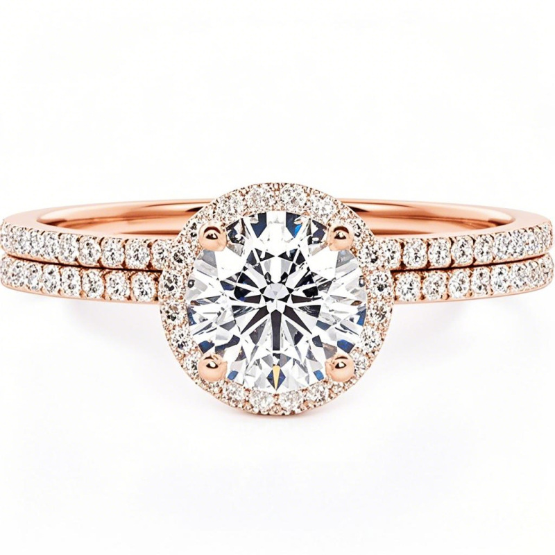 Aliança de casamento personalizada com gravação em ouro rosa 14K e moissanita redonda.-1