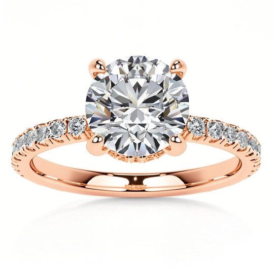Anillo de compromiso de moissanita redonda de oro rosa de 10 quilates