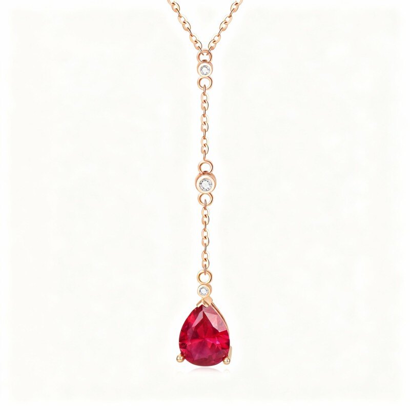 Collier en Y non ajustable en or rose 10 carats, zircon cubique et rubis, en forme de goutte-1