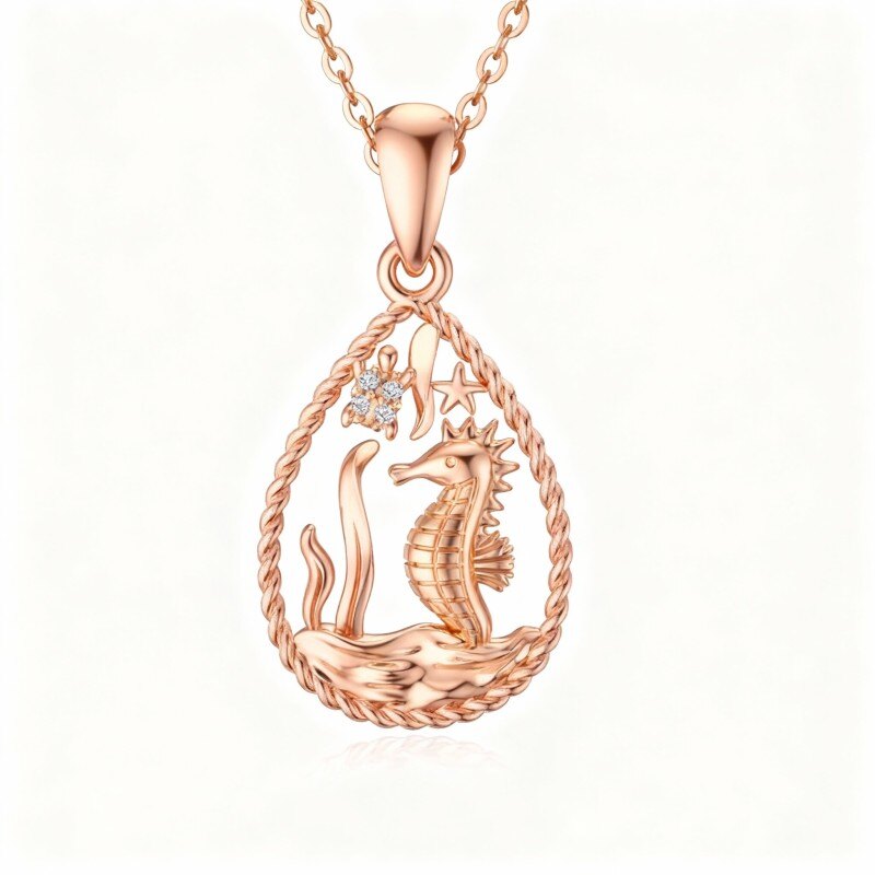 10K Rose Gold Cubic Zirconia Sea Turtle & Seahorse & Starfish Pendant Necklace-1