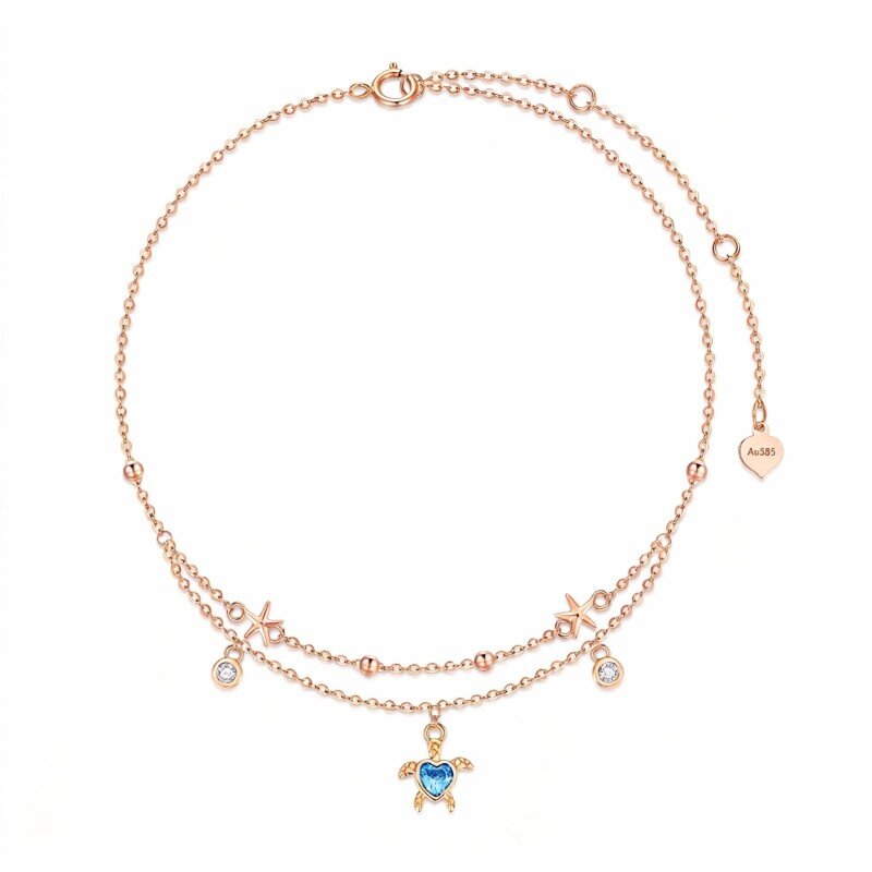 18K Rose Gold Cubic Zirconia Sea Turtle & Starfish Multi-layered Charm Anklet-1