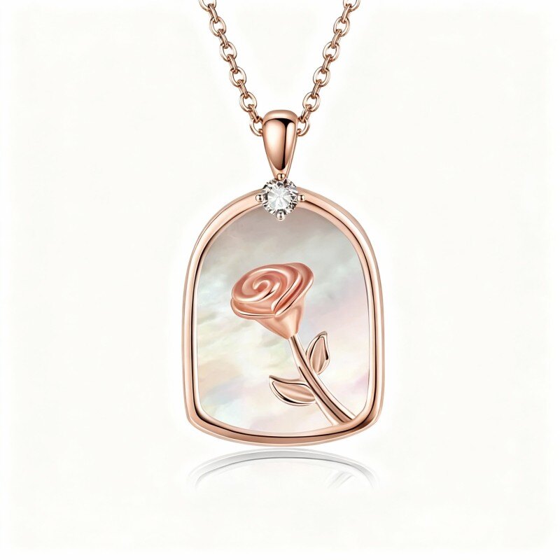 10K Rose Gold Cubic Zirconia Rose & Shell Pendant Necklace-1