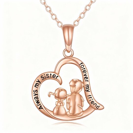10K Rose Gold Sisters & Heart Pendant Necklace with Engraved Word