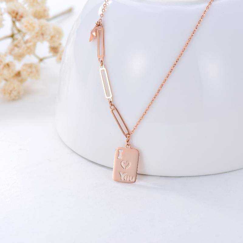 18K Rose Gold Square Pendant Necklace with Engraved Word-3