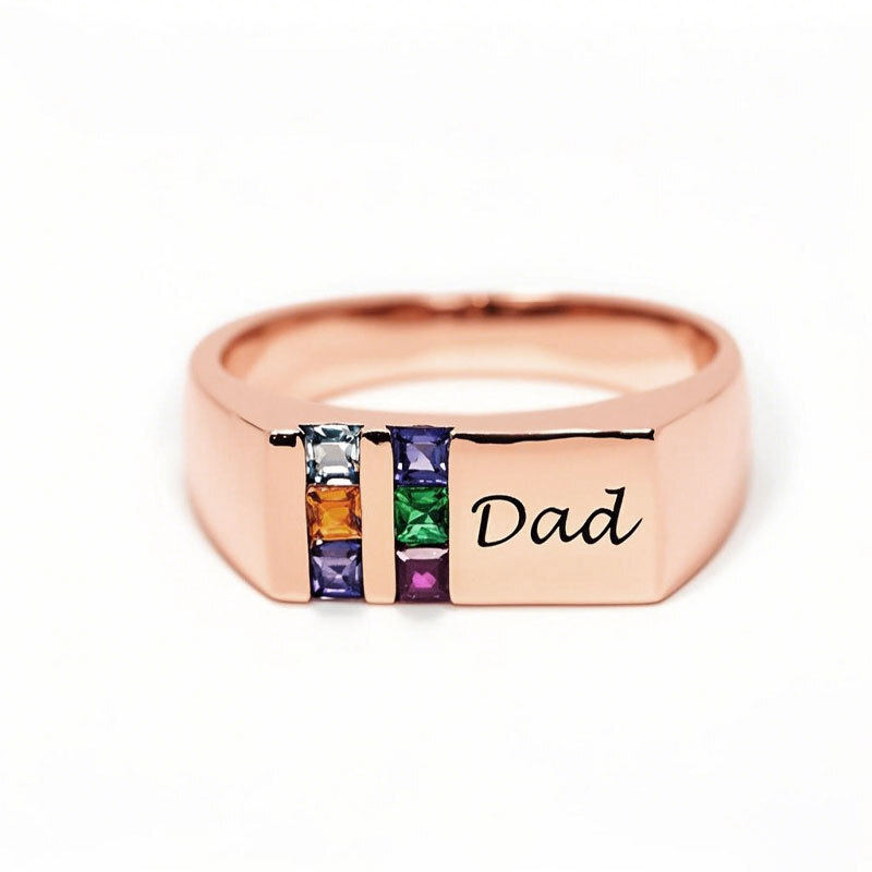 Anel de gravura de pedra de nascimento personalizada com zircônia cúbica quadrada de ouro rosa 10K para homens-1