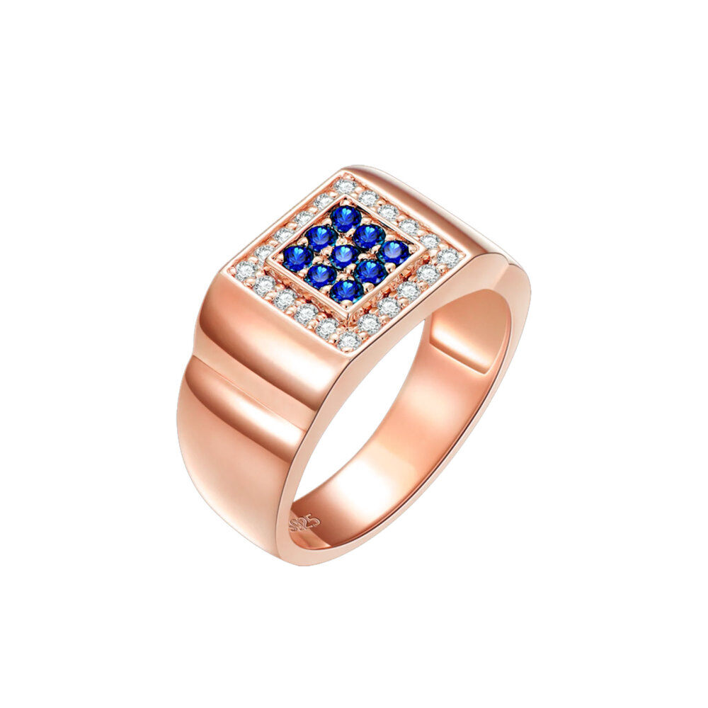 18K Rose Gold Square Personalized Pave-Set Blue Sapphire Ring For Men Custom Band For Boyfriend-1