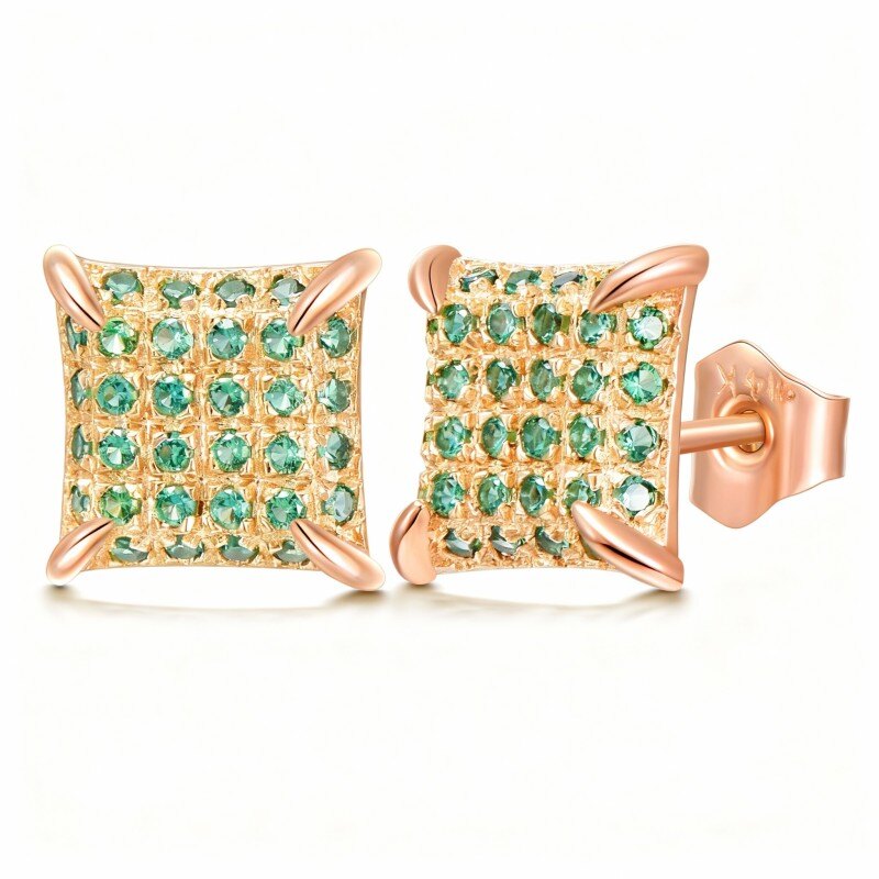 Brincos de pino quadrados em ouro rosa 14K com zircónias cúbicas-1