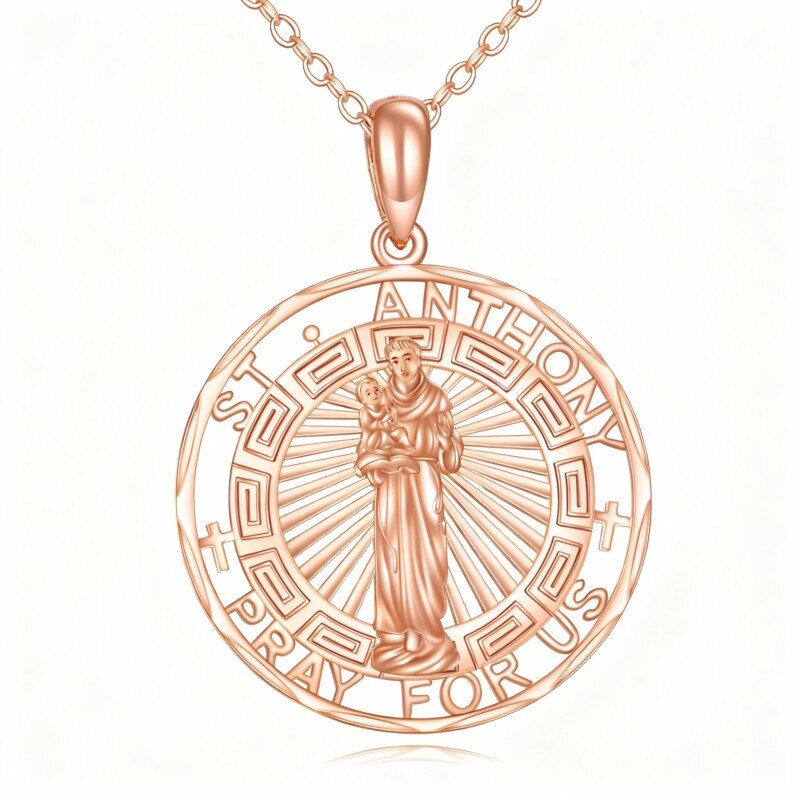 قلادة القديس أنتوني من الذهب الوردي عيار 14 قيراطًا مع كلمة محفورة-1