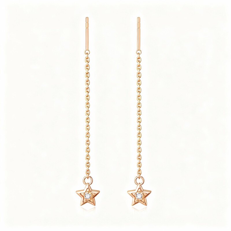 Pendientes colgantes de estrella con circonitas cúbicas en oro rosa de 14 quilates-1