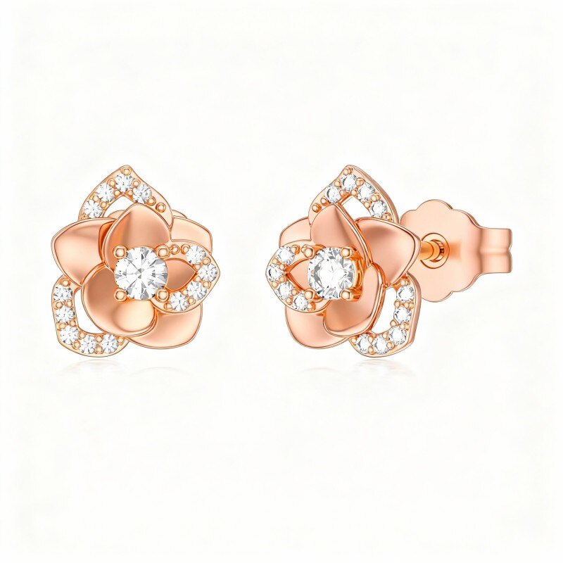 Pendientes de botón de oro rosa de 18 quilates con circonitas cúbicas en forma de rosa-1