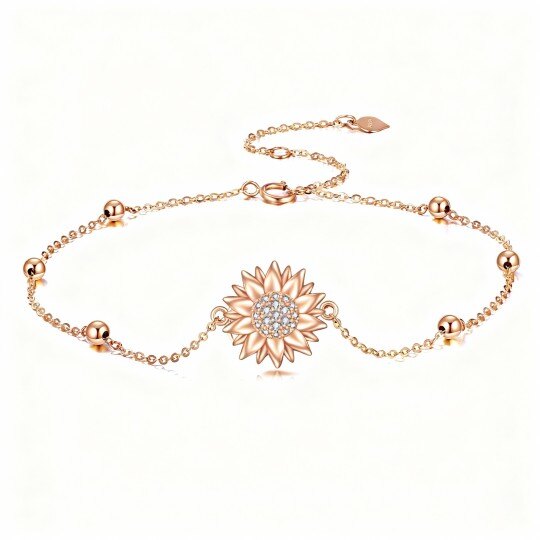 Pulsera de oro rosa de 10 quilates con dije de girasol y cuentas de circonita cúbica