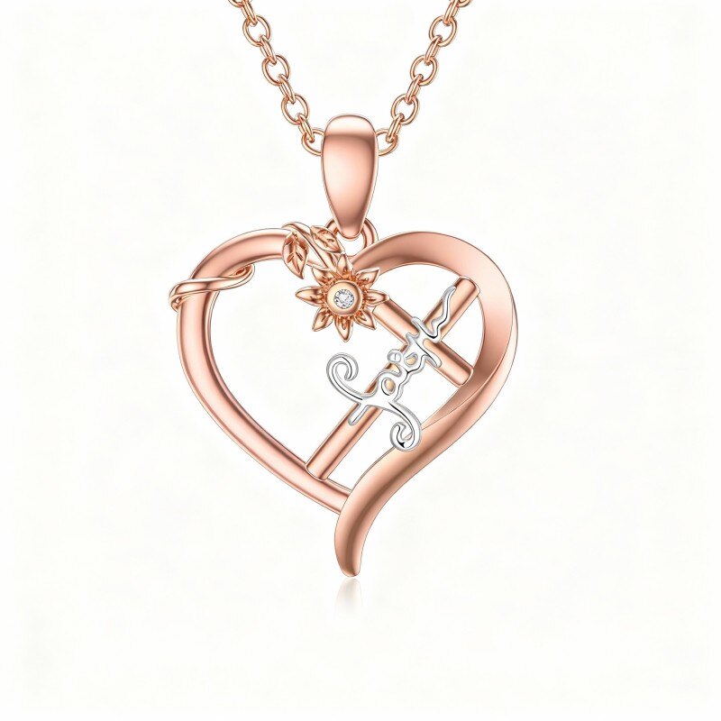 Collier pendentif en or rose 14 carats avec zircon cubique, motif tournesol, croix et cœur, et inscription gravée.-1